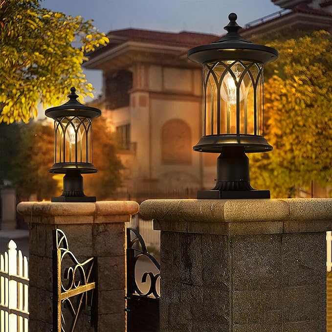 Solar Post Lights 2 Pack, Dusk to Dawn Solar Lamp Post Light Fixture E26 Base Socket, IP44 Waterproof Post Lights Outdoor Solar Powered for Pathway, Driveway, Lawn, K235SPL10-2