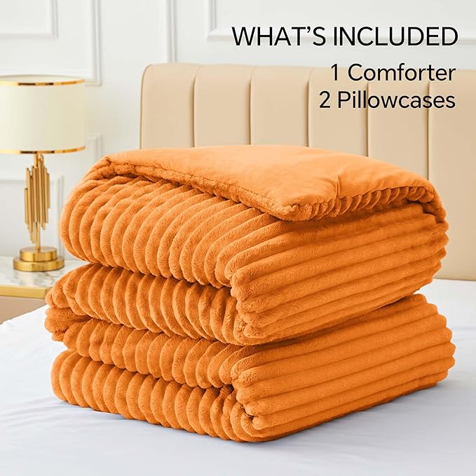 BEDELITE Fleece King Comforter Set -Super Soft & Warm Fluffy Burnt Orange Bedding, Luxury Fuzzy Heavy Bed Set for Winter with 2 Pillow Cases