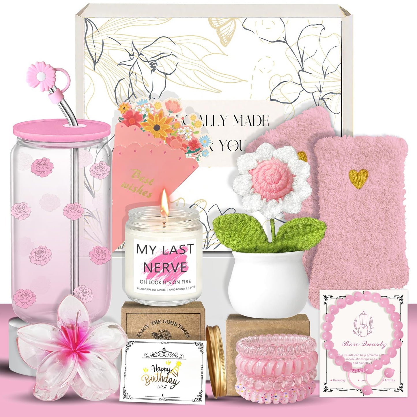 Birthday Gifts for Women, Teen Girls, Her, Unique Happy Birthday Gift Baskets for Best Friend Sister Daughter, Women Gifts Box for Girl Wife Girlfriends,14pcs Rose Glass Cups Gift Set(Pink)