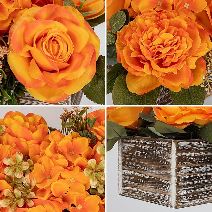 Flower Arrangement with Wooden Vase 14" Artificial Flowers in Pot - Fake Flowers Roses Peonies Hydrangeas in Wooden Vase Potted Artificial Flower Centerpieces for Table Decor Living Room - Orange
