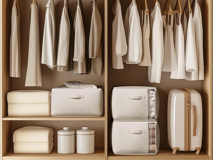 Large Canvas Clothes Storage Bags with Thick Handles and Clear Window, Foldable Cotton Linen Closet Organizer for Clothing, Blankets and Bedding, 70L, 3 Pack, Beige
