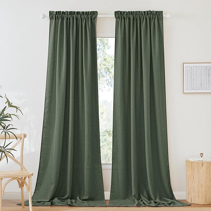 RYB HOME Linen Sheer Curtains for Living Room, Light Filtering Privacy Protection Spring Curtains for Sliding Glass Door, W 52 x L 96 inches, Hunter Green, 2 Panels Set