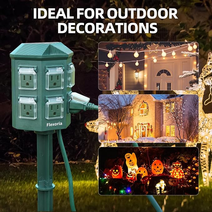 Outdoor Power Strip Timer Waterproof, Dusk to Dawn Light Sensor Countdown, 100FT Extension Cord, 6 Grounded Outlets for Graden and Yard Decorations, ETL Listed