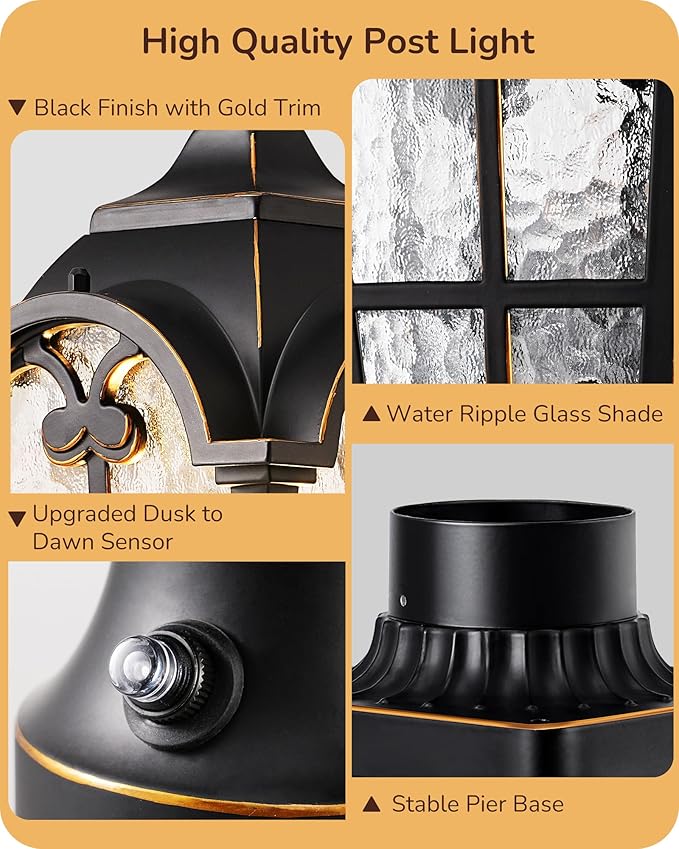 EDISHINE Large Size Dusk to Dawn Outdoor Post Light, 21.9'' H 120V Pole Light Fixture with Pier Mount Base, Waterproof Exterior Lamp Post Lantern Head for Yard, Driveway, Fence, Black