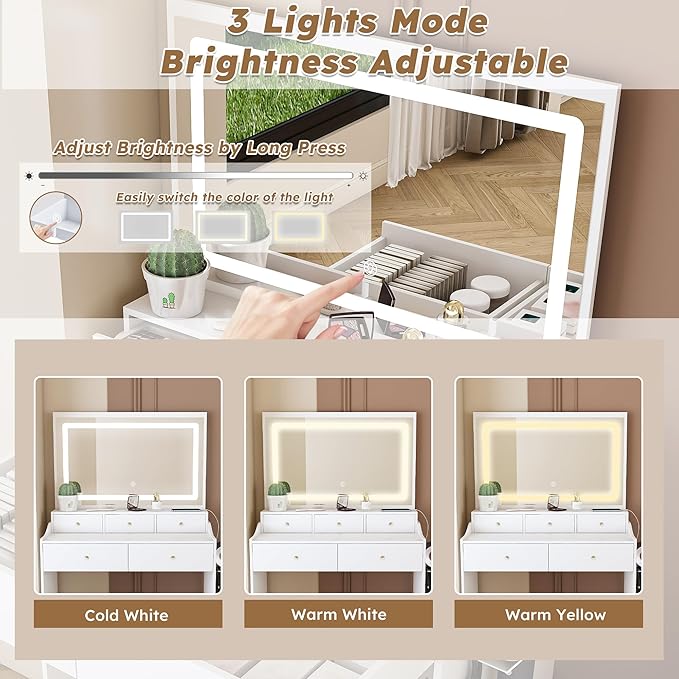 Vanity Desk with Large Mirror and Stool, Makeup Table with LED Lighted - 3 Color Models, Makeup Desk with 5 Drawers & Power Outlet, Dressing Makeup Table for Women Girls Bedroom, White