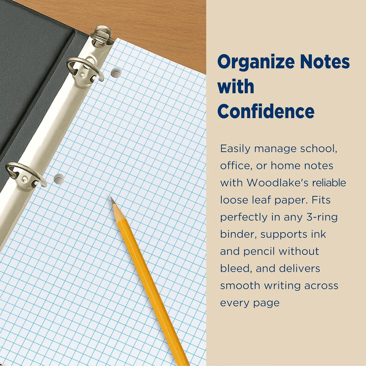 Woodlake Loose Leaf Graph Paper, 4x4 Quad Ruled Notebook Paper, 8 x 10.5” Graphing Paper, 150 Sheets per Pack, 3 Pack Filler Paper, 3 Hole Punched, Made in USA