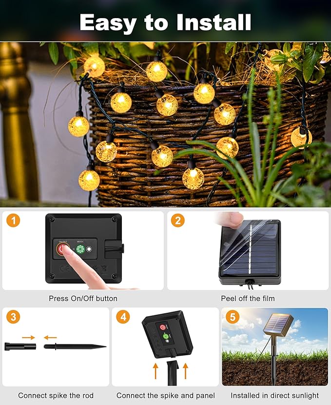btfarm Solar String Lights Outdoor Waterproof, 50 LED 49 FT Solar Powered Patio Light, 8 Lighting Modes Crystal Globe Decoration for Garden Balcony Yard Porch Party, Warm White