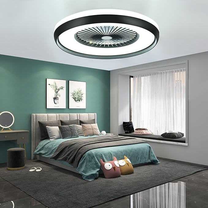 24" Bladeless Ceiling Fan with Light Remote, Smart LED Ceiling Fans with App Control, Modern Low Profile Dimmable Light Ceiling Fan for Bedroom Living Room Black