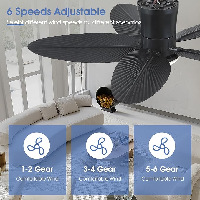 Palm Leaf Ceiling Fans with Lights-42 Tropical Ceiling Fan with Light and Remote/APP Control,Flush Mount Low Profile Black Ceiling Fans for Bedroom,Indoor/Outdoor Patio Use