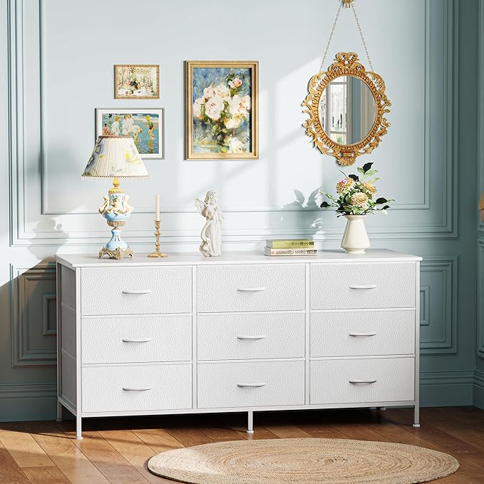 Huuger 9 Drawer Dresser, 47 Inch TV Stand for 50, 55 Inch TV, Entertainment Center with Drawers, Fabric Dresser Chest of Drawer for Bedroom, Closet, PU Leather Surface, White
