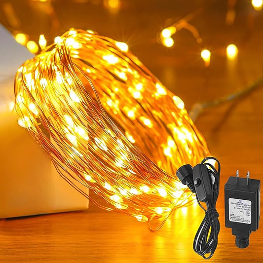 33 Ft. Fairy Lights, 100 LED Waterproof Copper Wire Firefly String Lights, Warm White, Adapter Included, Starry String Lights for Indoor Outdoor Christmas Patio Wedding Decoration(1 Pack)