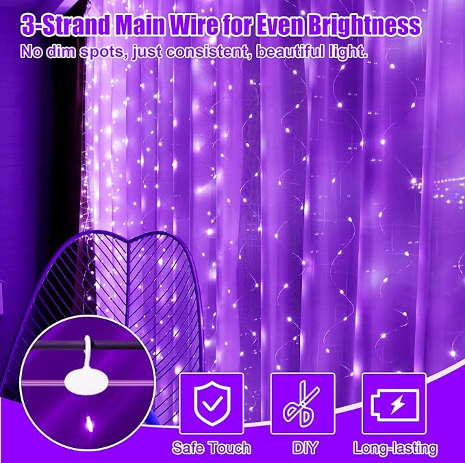 600LED Purple Curtain Lights for Bedroom, 19.6ft x 9.8ft Fairy Curtain String Light with 24 Hooks, 8 Modes Hanging Lights for Wedding, Party, Backdrop, Window, Xmas Decor