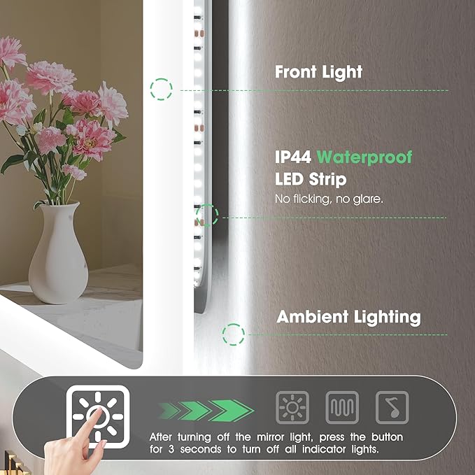 S'bagno 32" x 24" LED Bathroom Mirror with Lights, Bluetooth Speaker, Anti-Fog & Waterproof, Dimmable Wall Mirror with Touch Control, 3 Light Colors, Vertical or Horizontal, Ideal for Family Bathrooms