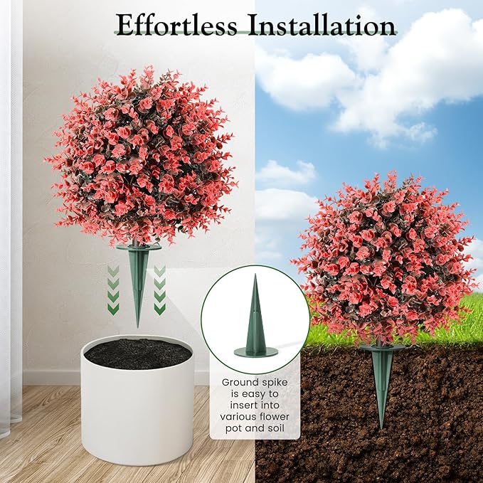 Lewondr Artificial Boxwood Topiary Ball Trees, 22.83'' Fake Plants Outdoor with Ground Spike, Set of 2 UV and Fade Resistant Faux Greenery Shrubs for Outdoor Indoor Front Porch Garden, Red