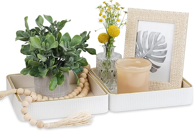 2 Pack White Catch All Trays for Jewelry| Small Leather Valet Tray| Key Bowl for Entryway Table EDC Trinket Tray Catch All| Perfume Trays for Dresser Organizer Perfume Holder (Set of 2)