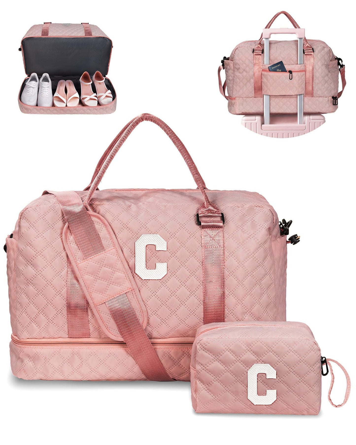 Vogewood Birthday Gifts-for Women-Initial Duffle Bag with Shoe Compartment, Personalized Weekender Bag, Monogram Overnight Bag, Letter Travel Bag with Makeup Bag，Friend Wife Birthday Gift (Letter C)