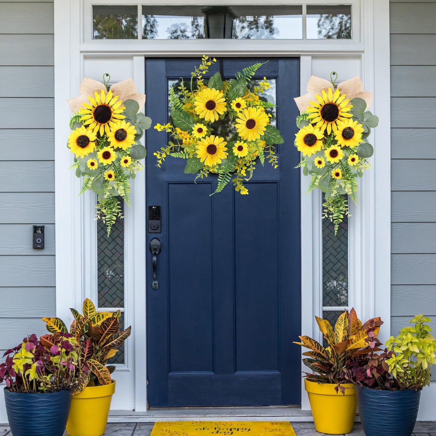 24in Artificial Sunflowers Teardrop Swag Spring Summer Sunflowers Floral Swag Wreath with Burlap Bow Fake Yellow Sunflower Garland for Front Door Indoor Outdoor Window Home Decor