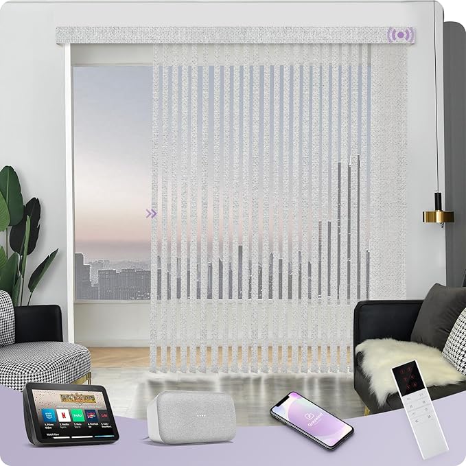 Graywind Motorized Vertical Blinds Compatible with Alexa Google Privacy Reversible Blackout Smart Vertical Blind Remote Control Track Slats Set for Home Office(Dimout Checkered Gray)