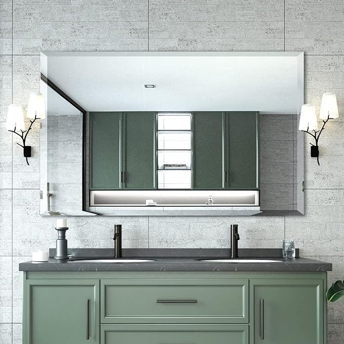 Mirrorons Beveled Mirror, Bathroom Mirrors 48" x 30", Frameless Rectangle Bathroom Mirror with Beveled Edge, Hangs Horizontally or Vertically. Upgraded Shatterproof Mirror
