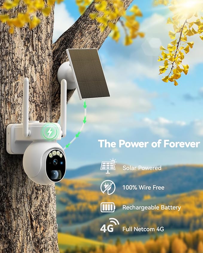 Securit Camer Wireless Solar Powered Outdoor for Home and Farm, ABS Fireproof Waterproof Material, 360° View, 2K HD Color Night Vision,Human Auto Tracking, 2-Way Audi (Wite) (Solar-4G)