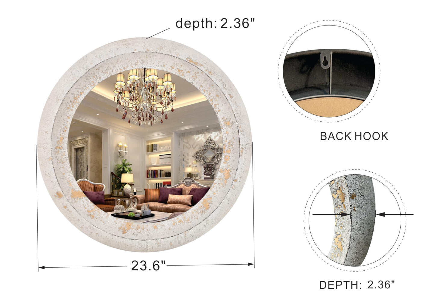 Round Substantial Beveled Hand Hammered Metal Frame In Rustic White, Modern And Traditional, Farmhouse, Cottage, for Bathroom Bedroom Living Room Home Office Entryway (Rustic White, 24"x24"")"