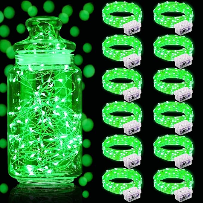 Aogist Led Fairy Lights 3 Modes Battery Operated String Lights Waterproof Silver Wire 7 Feet Firefly Starry Moon Mason Jar Lights for DIY Wedding Party Christmas (Green, 12 Pack)