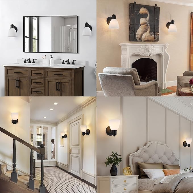 Bathroom Vanity Light Set of 2, Black Wall Lights for Living Room, Farmhouse Wall Sconces Lighting Fixtures with Frosted Glass,Wall Mounted Lamp for Bedroom Mirror Hallway Kitchen
