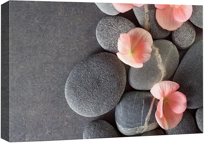 wall26 Canvas Print Wall Art Gray Stones with Pink Daisy Flowers Floral Nature Photography Realism Bohemian Scenic Relax/Calm Cool for Living Room, Bedroom, Office - 12"x18"