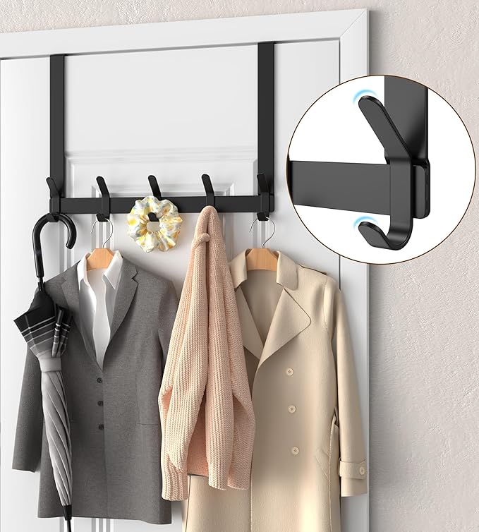 KitchLife Over The Door Hooks Hanger with 15.75 inches Extended Arms, Fit for 1-3/4" Doors, J40U, Thickened Bathroom Towel Rack Organization, 1 Pack Double-Hook, Matte Black