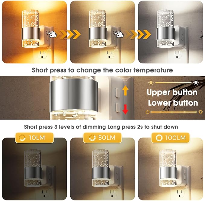 L LOHAS LED Night Lights Plug into Wall 2 Pack, Dimmable Night Light with Dusk-to-Dawn Sensor, Soft White/Cool White/Amber 3 Color Light, Adjustable Brightness, Rotatable Plug, Bubble Nightlight