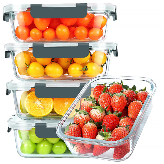KOMUEE 30 oz 5 Pack Glass Meal Prep Containers, Glass Storage Containers with Lids - Dishwahser, Microwave, Oven and Freezer Safe