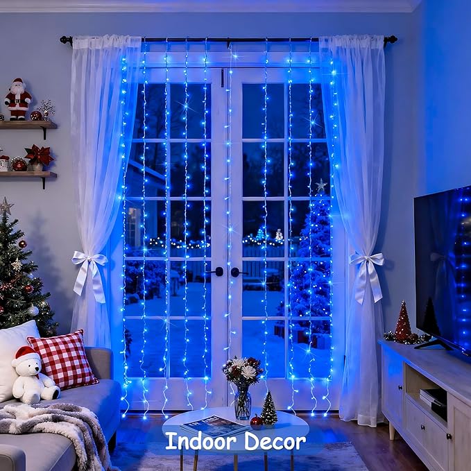 JMEXSUSS 300LED Curtain Lights, Blue Christmas Lights with Remote, Blue String Lights for Bedroom Wall Window Backdrop Garden Indoor Outdoor Pool Patio Yard Porch Decorations, 9.8x9.8ft