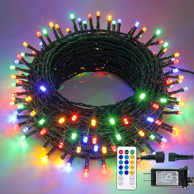 Hopolon Christmas String Lights Outdoor, 33 FT 100 LED Extendable Green Wire Twinkle Lights with Remote, 8 Modes Waterproof Fairy Light Plug in for Xmas Tree Wedding Party Patio Indoor (Multicolor)