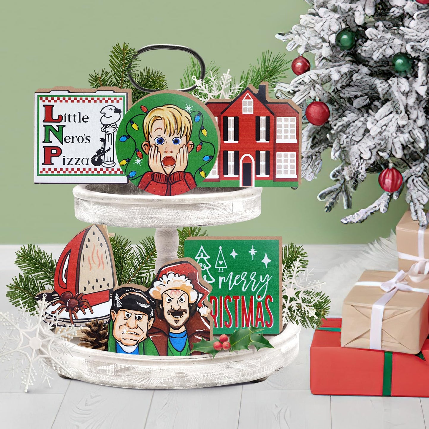 Uruney Merry Christmas Tiered Tray Decor, Christmas Classic Movie Tray Decorations, Xmas Alone Boy Kevin Thieves Wooden Signs, Funny Holiday Rustic Farmhouse Home Decor for Table Shelf Mantel Party