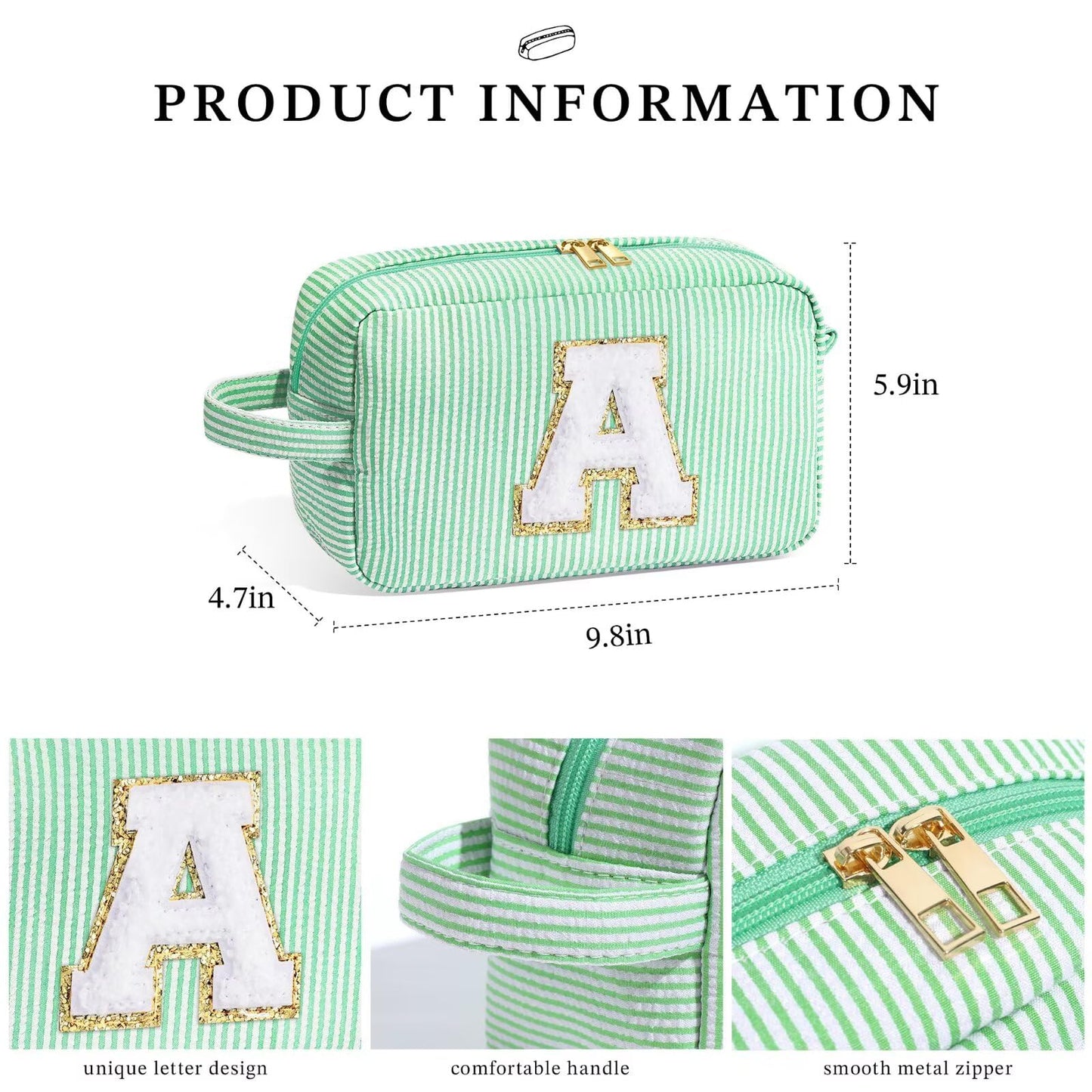 YOOLIFE Initial Makeup Bag - Personalized Monogram Cute Green Makeup Bag Cosmetic Travel Toiletry Pouch Make Up Case for Women Mom Best Friend Bridesmaid Sister Teacher, Birthday Gifts for Women Her H