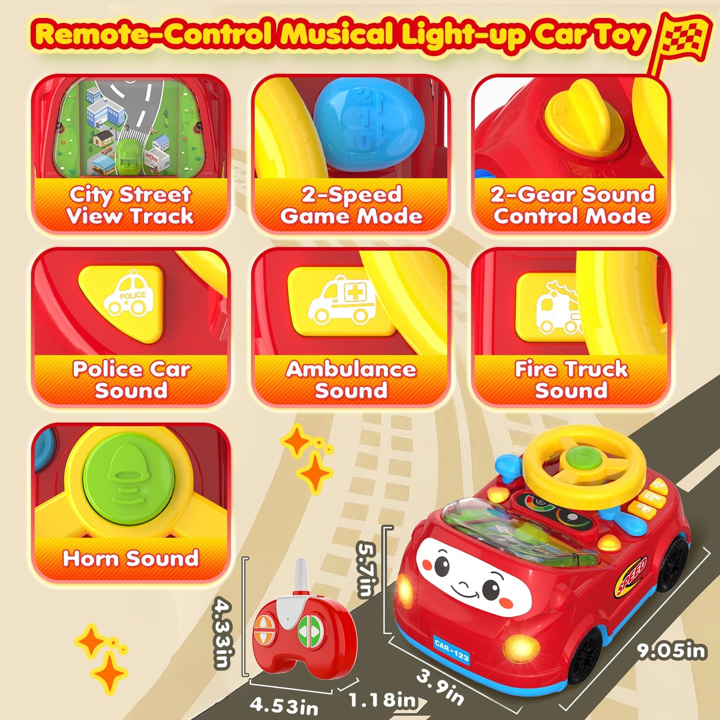 Toddler Toys For Ages 2-4 Boy - Remote Control RC Push Car Racing Adventure Steering Wheel Driving Games,Interactive Learning Educational Christmas Birthday Gift For Kids Age 2 3 4(Yellow Red)