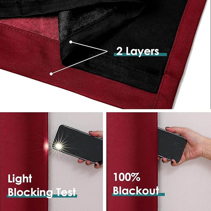ChrisDowa 100% Blackout Curtains 72 inch Long for Bedroom with Black Liner, 2 Thick Layers Total Blackout Thermal Insulated Grommet Window Curtains 2 Panels Set (Burgundy, 42 x 72 Inch)
