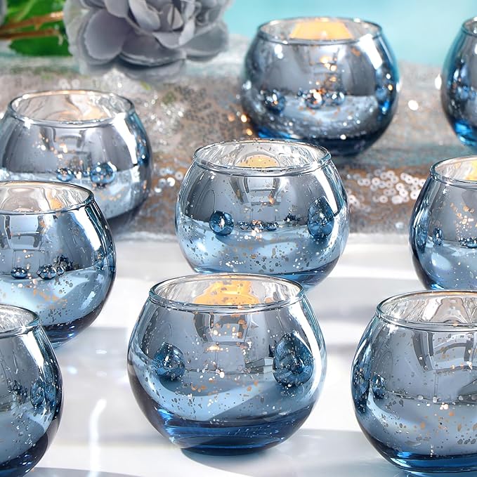 LAMORGIFT 12 PCS Blue Mercury Glass Votive Tealight Holders - Blue Centerpieces for Bridal Shower Decorations, Wedding Table Glass Decor
