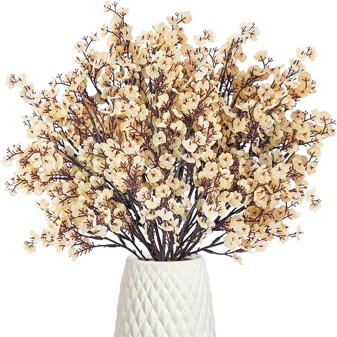 Uieke 15 Pcs Artificial Flowers Baby Breath Faux Champagne Artificial Gypsophila Bouquet Fake Silk Flowers Real Touch for Home Office Kitchen Wedding Wall DIY Room Farmhouse Décor