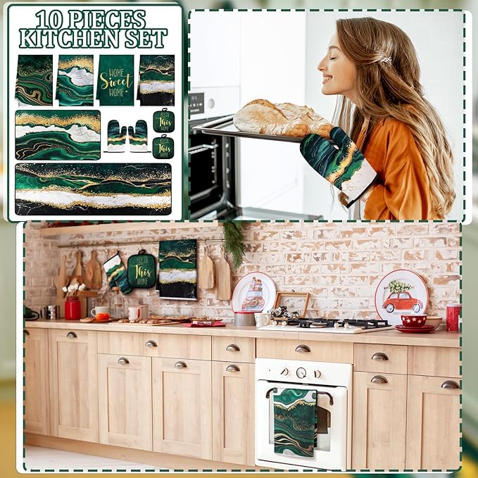 Fourluoo 10 Pcs Kitchen Dish Towels Rugs Oven Mitts and Pot Holders Kit Farmhouse Kitchen Decor Set Gloves Vintage Potholders for Baking Cooking Chef(Green,Modern)