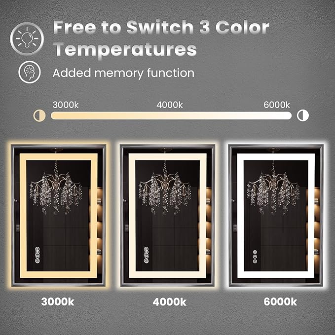 Amorho 24"X36" LED Bathroom Mirror, Brushed Nickel Framed Mirror with Front Light and Backlit, Stepless Dimmable, Anti-Fog, Shatter-Proof, Memory, 3 Colors