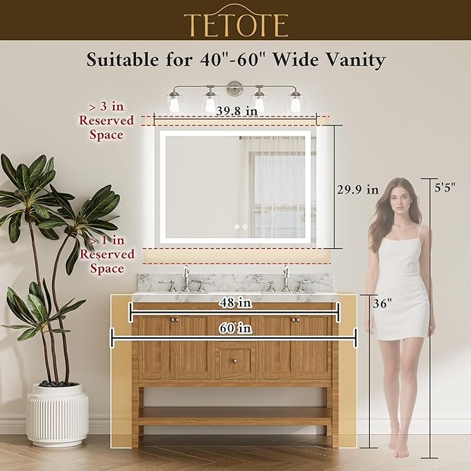TETOTE LED Lighted Bathroom Mirror with Lights 40 x 30 Brighter Front and Backlit Light up Mirror for Bathroom Wall, Illuminated Vanity Anti Fog Mirror, 3-Color Stepless Dimmable, Tempered Glass