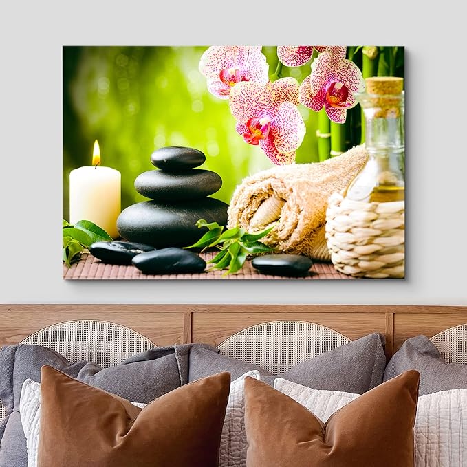 wall26 Canvas Print Wall Art Massage Stones Zen Pink Orchid Flower Plants Candles Nature Wilderness Photography Realism Rustic Landscape Colorful for Living Room, Bedroom, Bathroom, Office - 24"x36"