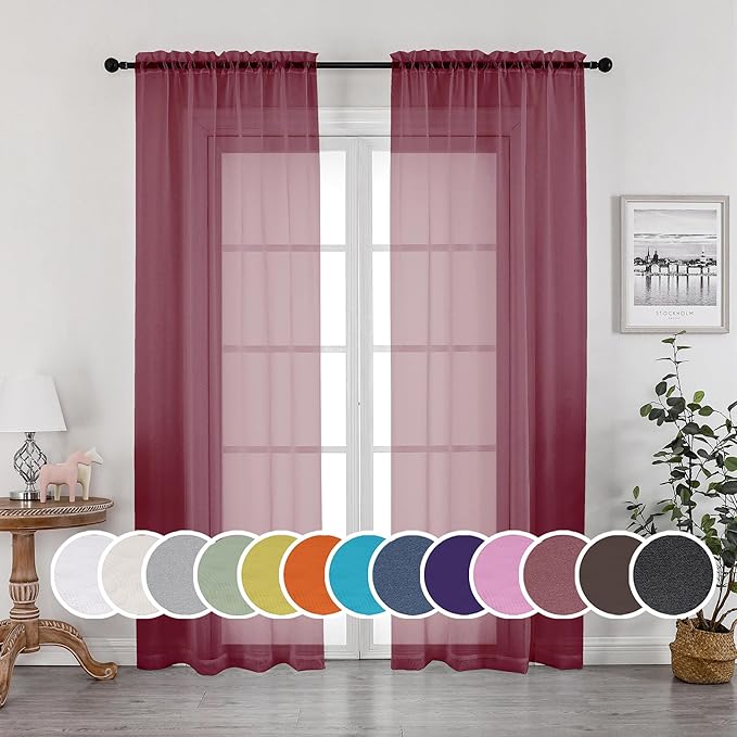 OWENIE Sheer Curtains, Sheer Curtains 84 inch Length 2 Panels Set, Rod Pocket Voile Fimly Sheer Drapes for Living Room/Bedroom, 2pcs, Each 42" W x 84" L, Burgundy