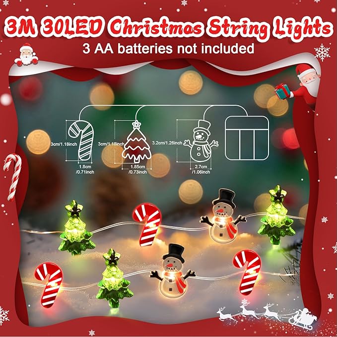 Coquimbo Christmas Lights Decorations, 10FT 30LED Christmas Tree Snowman Crutch String Lights for Home Party Indoor Outdoor Xmas Festive Holiday Decorations