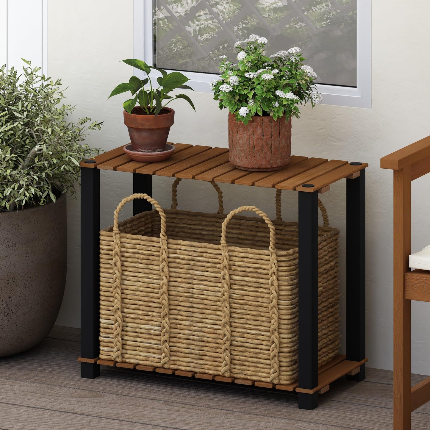 Furinno Pangkor 2-Tier Turn-N-Tube Indoor Outdoor Plant Shelf Large Rectangle Wood Stand with Square Poles, Natural/Black
