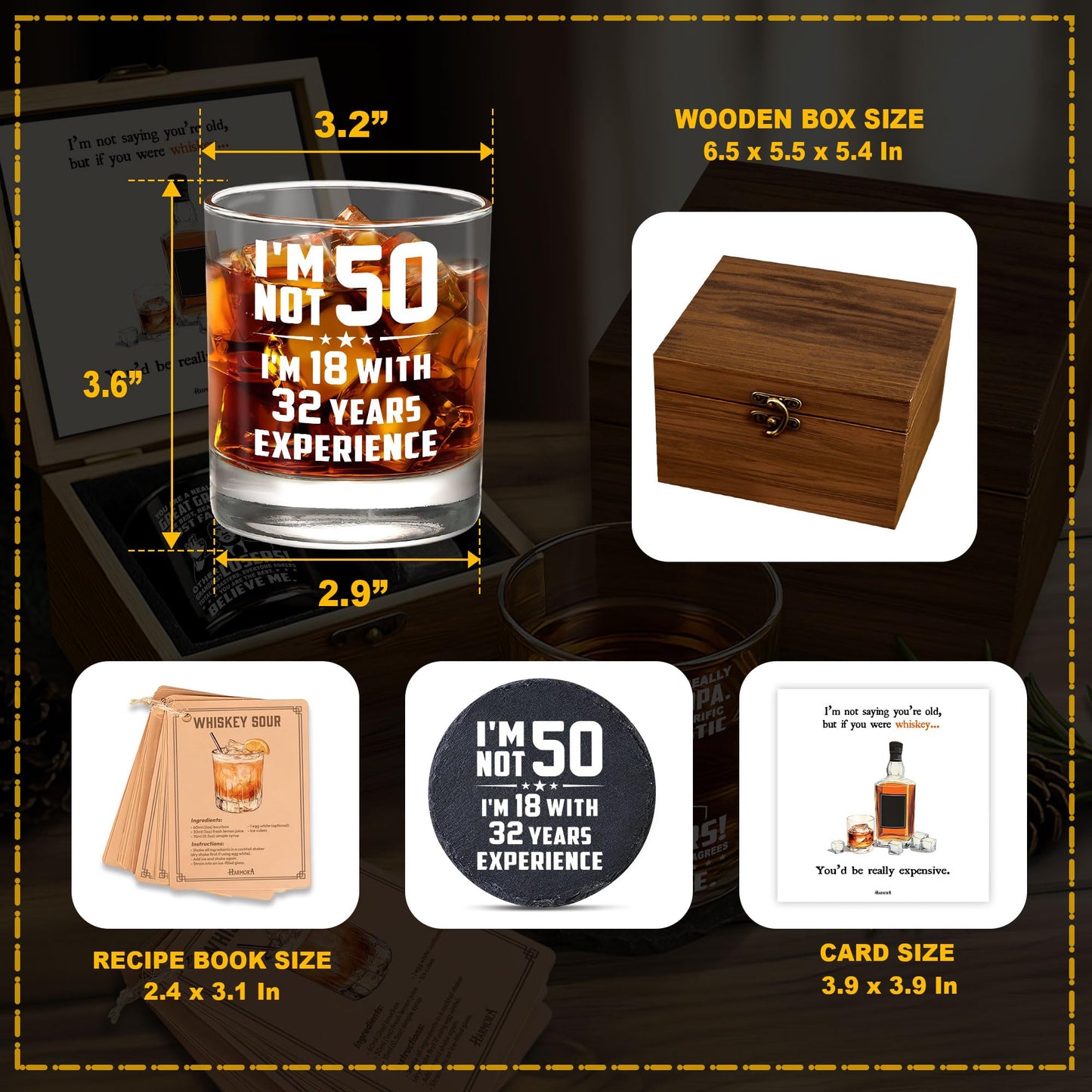 Harmora 50th Birthday Gifts for Men – Funny Whiskey Glass Set for Him Born in 1975 – 50 Year Old Gift Ideas for Dad, Husband, Friends – Wooden Box, Coaster, Cards