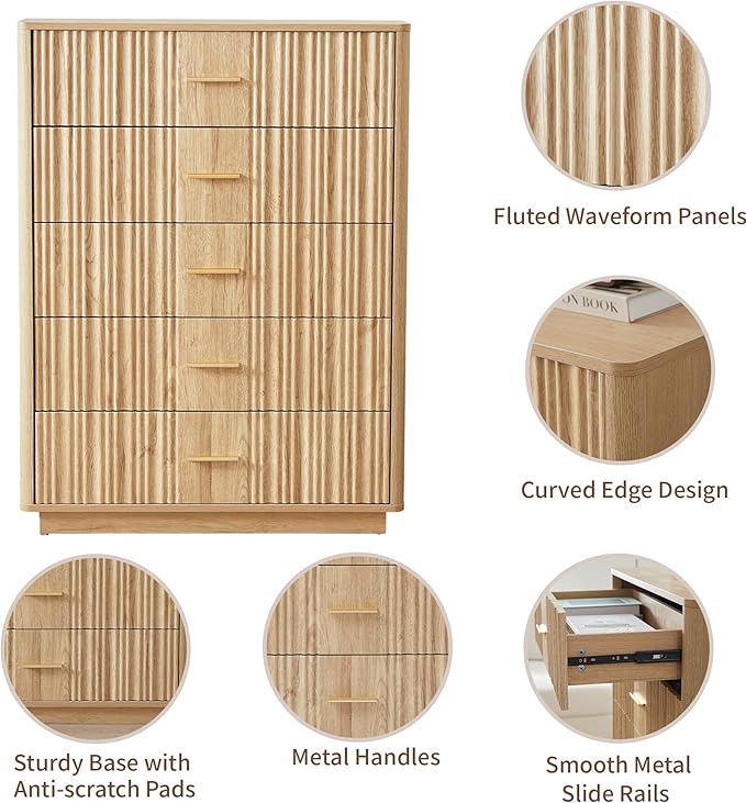 Fluted 5 Drawers Dresser for Bedroom, Wooden Tall Storage Dresser, Modern Chest of Drawers with Metal Handle, Curved Profile Wood Closet Clothes Storage Organizer for Living Room, Hallway, Natural