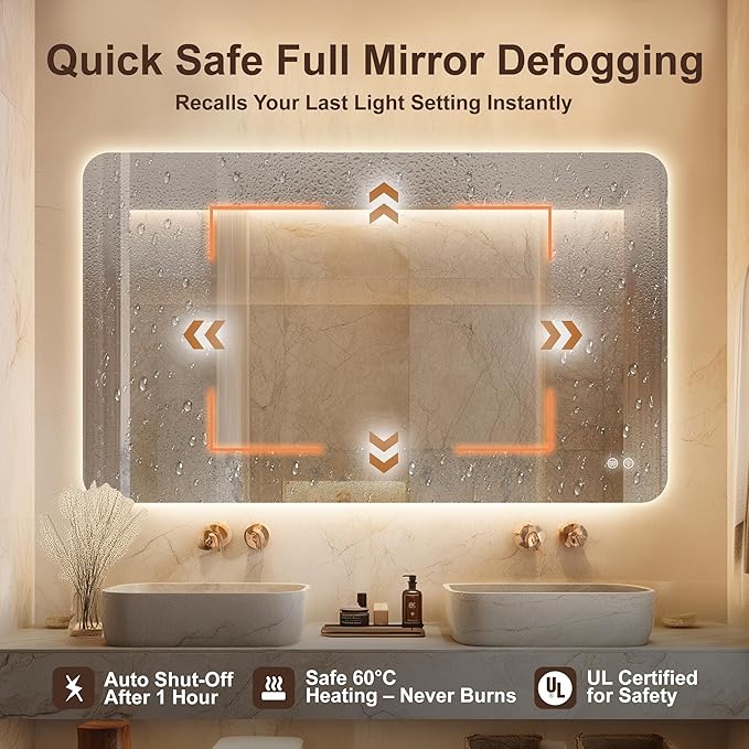 36''x24'' Lighted Mirrors for Bathroom Wall Backlit Rectangular Rounded Corners, LED Bathroom Mirror Frameless with Lights Anti Fog, Dimmable, 3 Colors,Tempered Glass, Shatter-Proof (Color 2)
