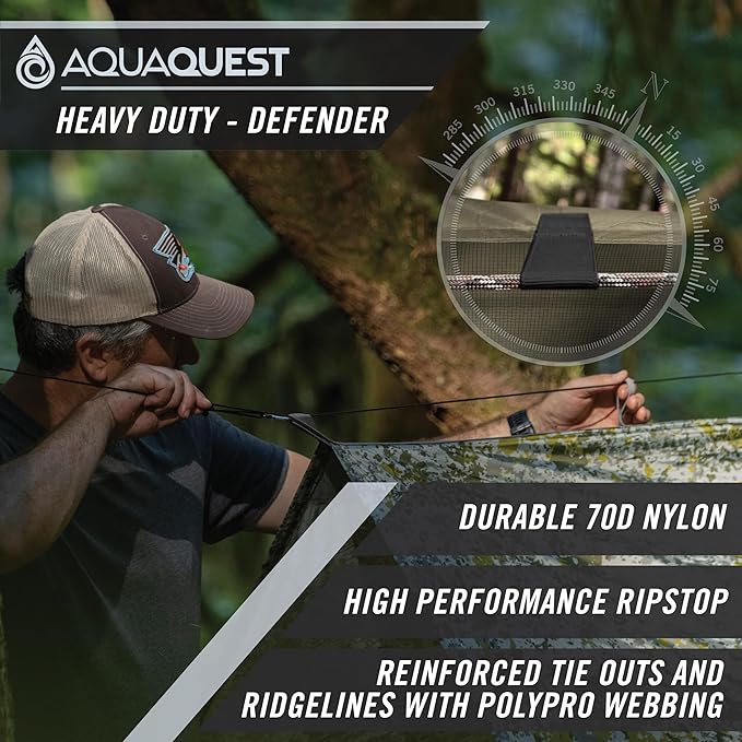 AquaQuest Defender Camping Tarp - Heavy Duty Tent Shelter or Rain Fly - Waterproof Camping Essentials for Hiking, Bushcraft & Hammock, 13 x 10 ft, Olive Drab Kit